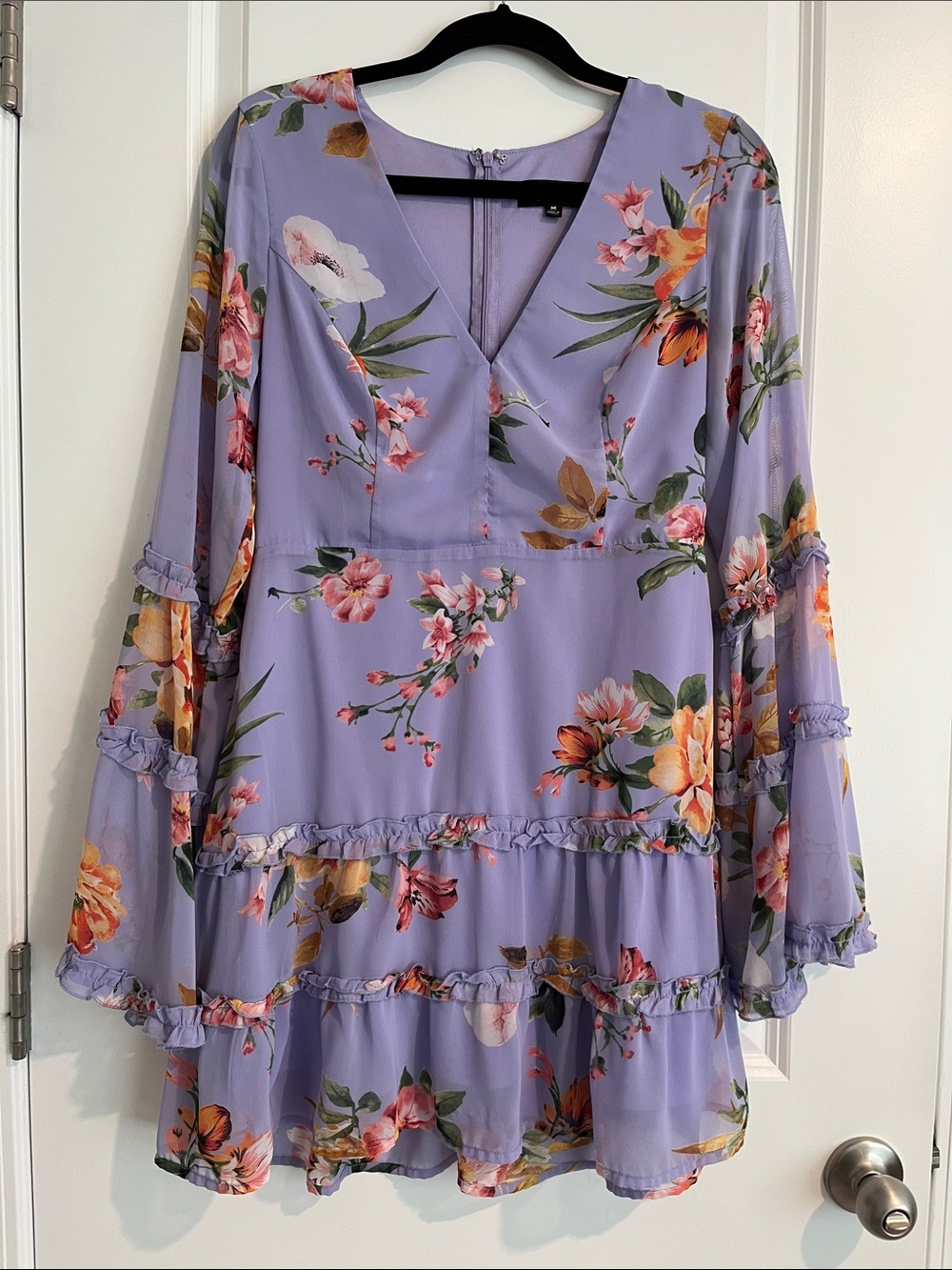 Lulu's Lavender Floral V-Neck Tiered Long-Sleeve Dress